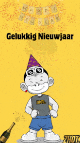 a happy new year greeting card with a monkey wearing a zhot shirt