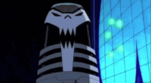 a cartoon character with a skull on his head is standing in front of a building