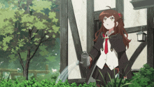 a girl in a cape and tie is watering plants