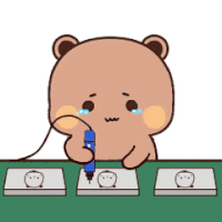 a cartoon teddy bear is sitting at a table holding a pen .
