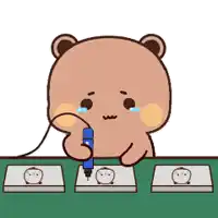 a cartoon teddy bear is sitting at a table holding a pen .