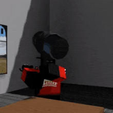 a hammer is sitting on top of a table in a room with a sign that says ' hammer ' on it