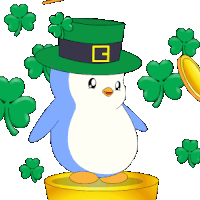 a penguin wearing a green hat with the letter g on it is standing on a gold coin