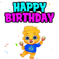 a cartoon lion holding maracas in front of a happy birthday sign
