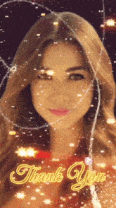a woman 's face is surrounded by glitter and the words thank you
