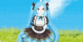 a girl with blue hair and a brown and white dress