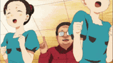 a man and two girls are standing next to each other in a cartoon