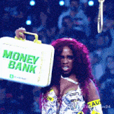 a woman holds a briefcase that says money bank