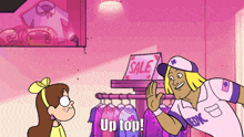 a cartoon character says up top next to a girl