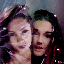 a painting of two women with hearts around them and a filmora button