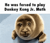 a seal with the words he was forced to play donkey kong jr. math