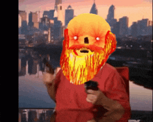 a man in a red shirt has a fire beard on his face