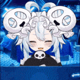 a girl with white hair and a skull on her chest
