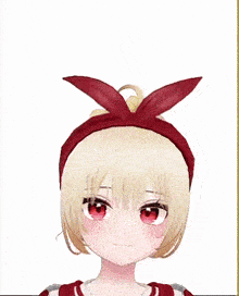 a blonde anime girl wearing a red headband with a bow