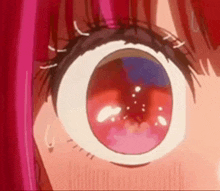 a close up of a red haired anime girl 's eye with a blue background .