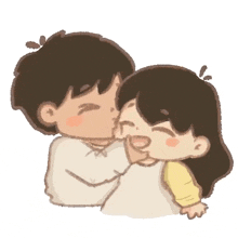 a boy and a girl are kissing each other on the cheeks .