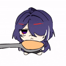 a cartoon drawing of a girl with purple hair making a face