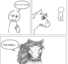 a drawing of a horse with a speech bubble that says man im so hungry