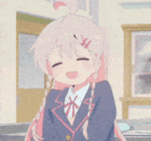 a girl with pink hair is smiling and wearing a school uniform