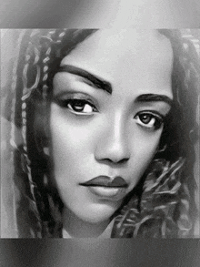 a black and white drawing of a woman with braids
