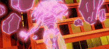 a cartoon character with a purple glowing body is standing in a room