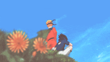 naruto and sasuke are sitting on top of a hill with flowers in the background