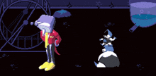 a pixel art of a cartoon character falling down and a cartoon character standing next to him .