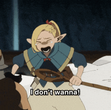 a cartoon character says " i don 't wanna " while holding a sword