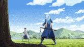 a man with blue hair is standing in a field with a sword in his hand