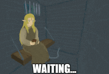 a cartoon of a girl sitting on a bench with the word waiting below her