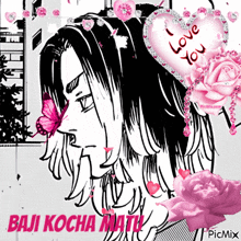 a black and white drawing of a man with a pink butterfly on his nose and a heart that says i love you