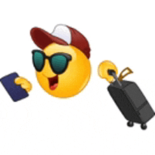 a smiley face wearing sunglasses , a hat , and a suitcase is holding a cell phone .