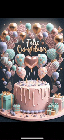 a birthday cake decorated with balloons and gifts and the words feliz cumpleanos
