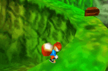 a cartoon fox is walking on a green hill with a treasure chest in the background