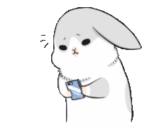 a cartoon rabbit is holding a cell phone in its paws and talking .