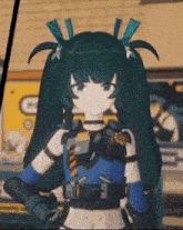 a close up of a cartoon character with green hair and a blue shirt