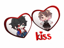 a couple of hearts with a girl and a boy and the word kiss