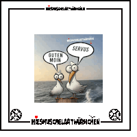 a cartoon of two seagulls saying guten moin and servus