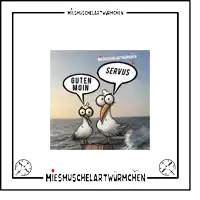 a cartoon of two seagulls saying guten moin and servus