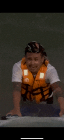 a man wearing a life vest is riding a jet ski