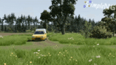 a yellow car is driving down a dirt road in a field with trees in the background and simplenet written in the corner