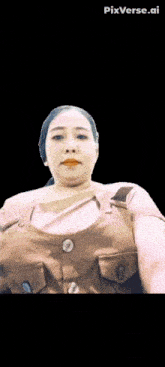a woman in overalls is yawning with her mouth open on a black background