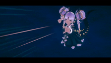 a cartoon character with purple hair and red eyes reaches out her hand