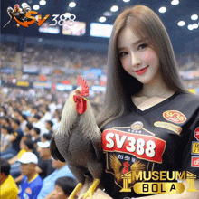 a woman holding a rooster wearing a sv388 museum bola shirt