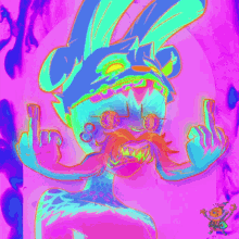 a colorful drawing of a cartoon character with a middle finger