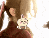 a cartoon of a girl with a ponytail and a bunny eating a piece of cake