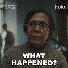 a woman with glasses says what happened in a hulu ad