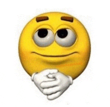 a yellow smiley face with big eyes and white gloves is holding its hands together .