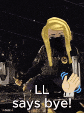 a cartoon character wearing a mask says " ll says bye " in front of a crowd