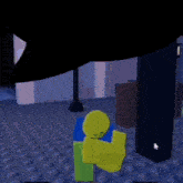 a yellow roblox character is standing in a dark room with a speech bubble above him